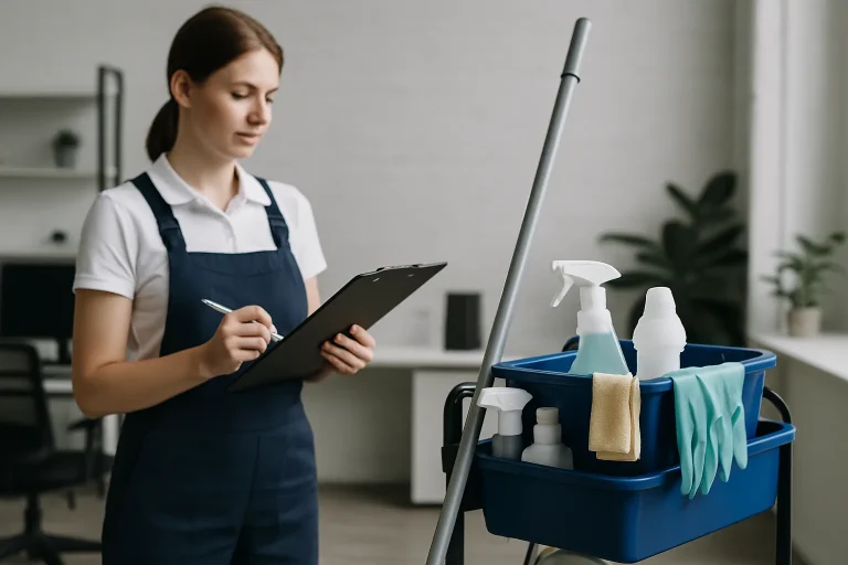 Un agent de nettoyage à Forbach utilise des produits écologiques dans un bureau.