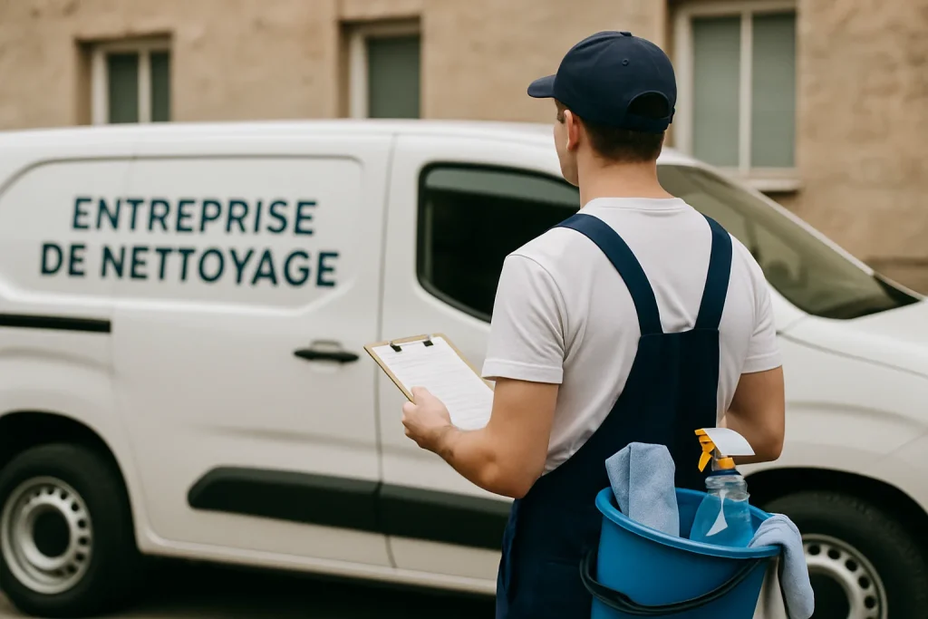 Un agent de nettoyage en train de nettoyer un bureau moderne à Bitche avec des produits écologiques.