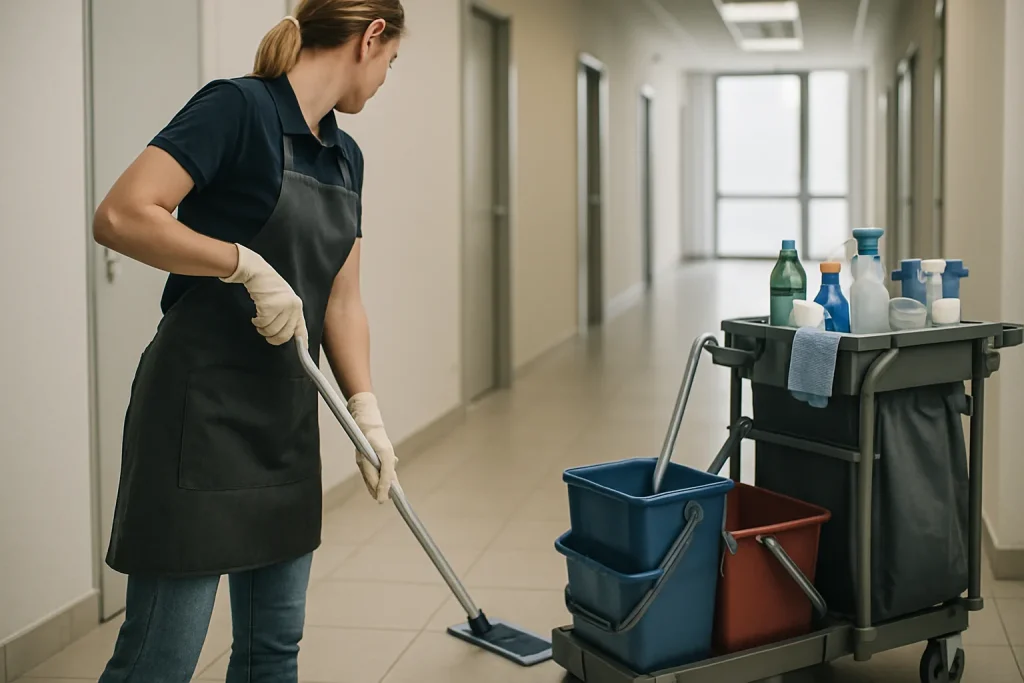 Un professionnel du nettoyage travaillant dans un bureau à Stiring-Wendel, aspirateur à la main.