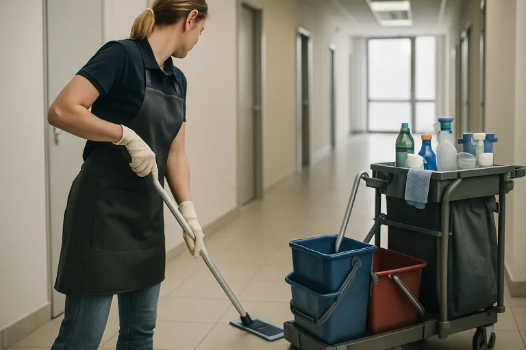 Un professionnel du nettoyage travaillant dans un bureau à Stiring-Wendel, aspirateur à la main.