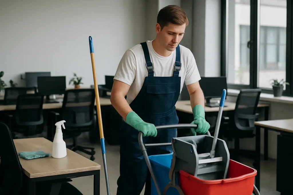Un technicien de nettoyage en action dans un bureau à Sainte-Marie-aux-Chênes, mettant l'accent sur la désinfection.