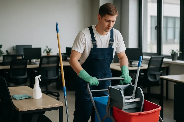 Un technicien de nettoyage en action dans un bureau à Sainte-Marie-aux-Chênes, mettant l'accent sur la désinfection.