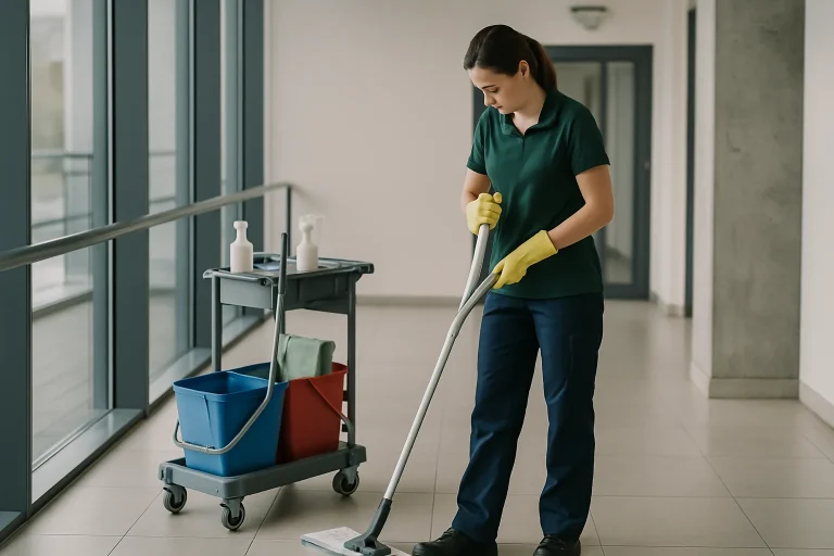 Équipe de nettoyage en action dans un appartement d'Audun-le-Tiche avec des produits de nettoyage.