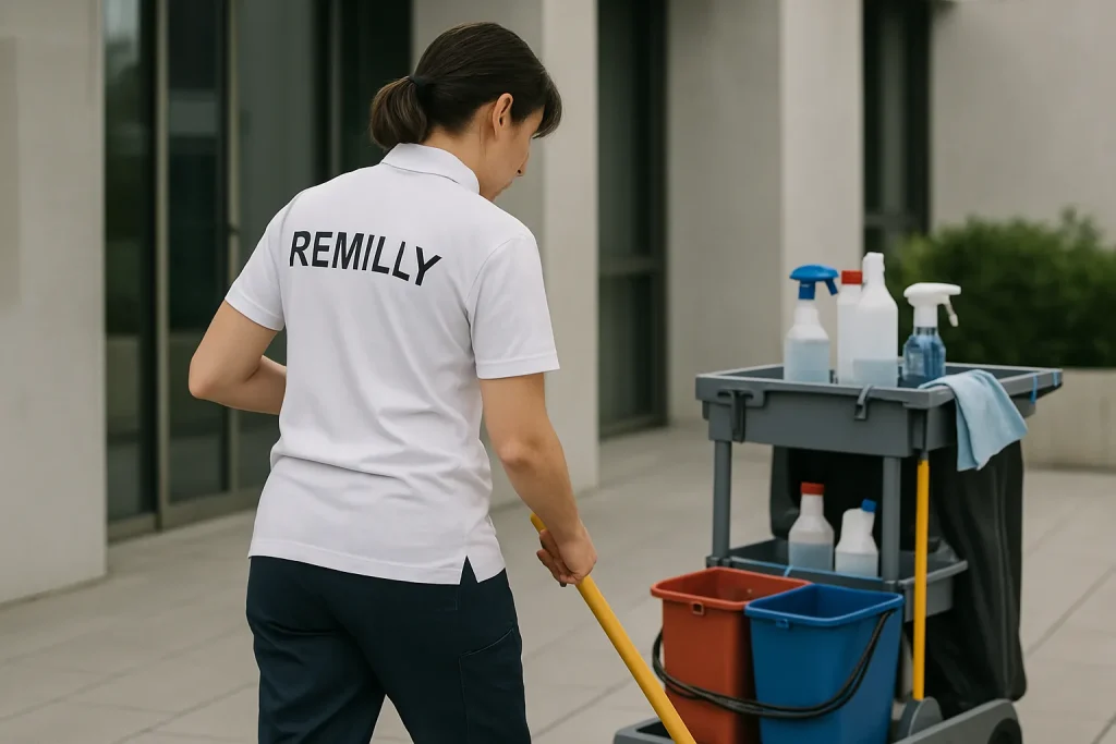 Équipe de nettoyage à Remilly utilisant des équipements pour nettoyer un appartement.