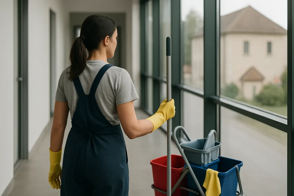 Un expert en nettoyage dans un appartement en désordre à Rohrbach-les-Bitche, utilisant des outils modernes.