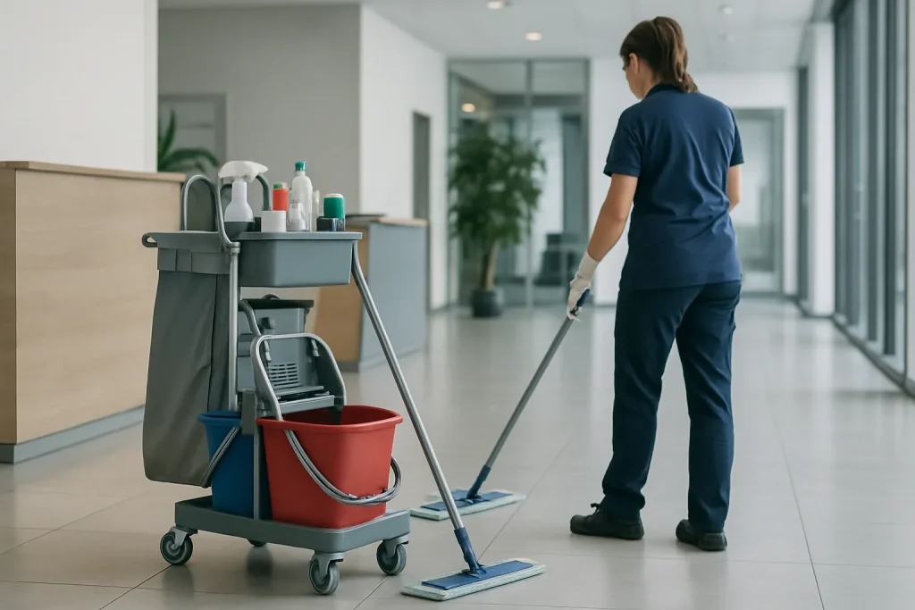 Un professionnel du nettoyage à FALCK nettoyant un bureau moderne et lumineux.