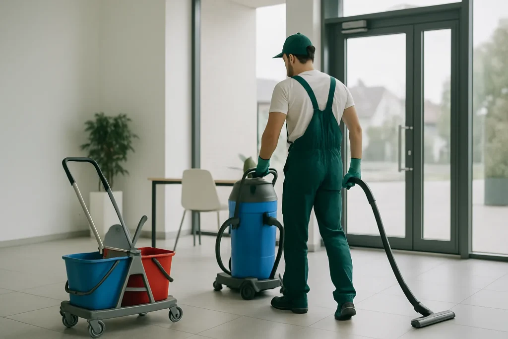 Un professionnel nettoyant un appartement insalubre à ROUHLING avec des produits de désinfection.