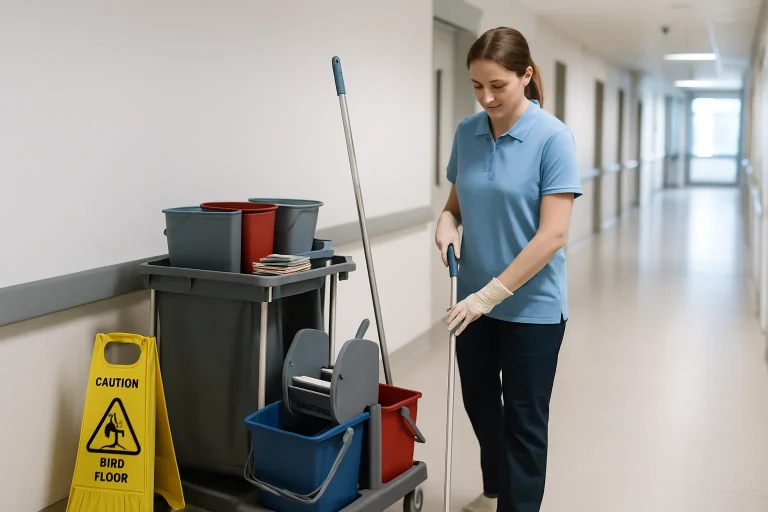 Professionnels du nettoyage en train de nettoyer un appartement à L'Hôpital avec des équipements modernes.