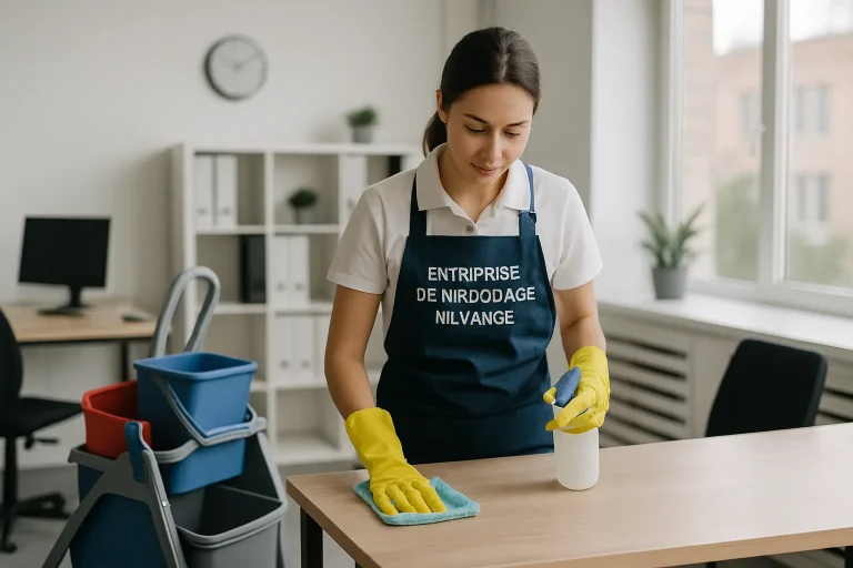 Technicien en nettoyage professionnel dans un appartement à Nilvange, montrant des outils de nettoyage.