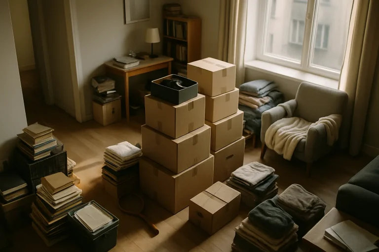 Vue en plongée d'un appartement encombré avec lumière douce, piles d'objets divers.