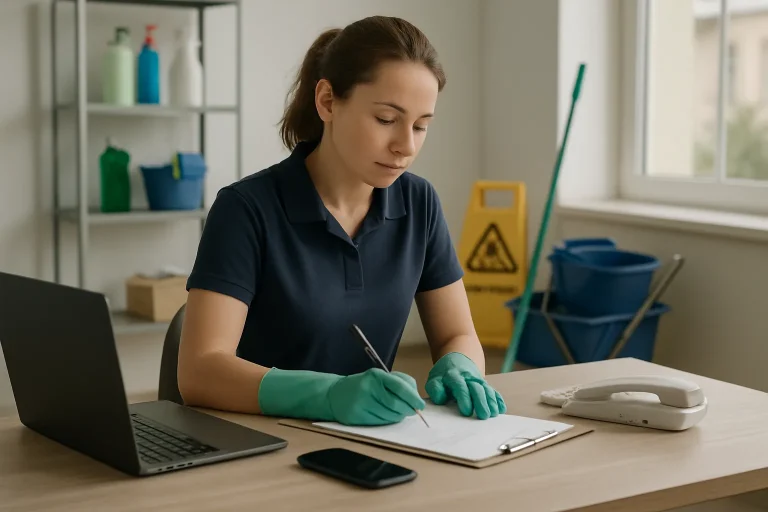 Espace de travail propre et bien rangé après intervention d'une entreprise de nettoyage.