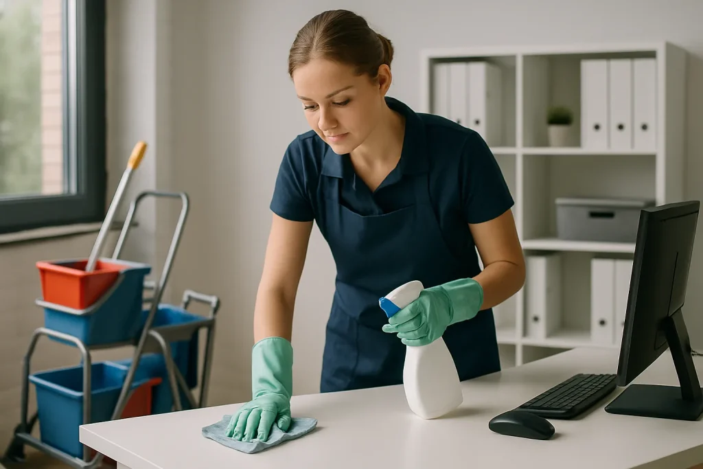 Équipe de nettoyage dans un appartement insalubre à Alsting, utilisant des produits de désinfection.