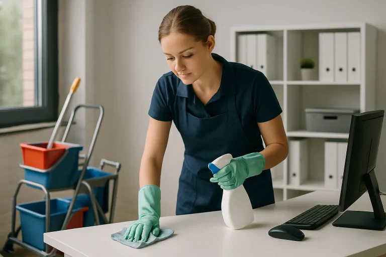 Équipe de nettoyage dans un appartement insalubre à Alsting, utilisant des produits de désinfection.