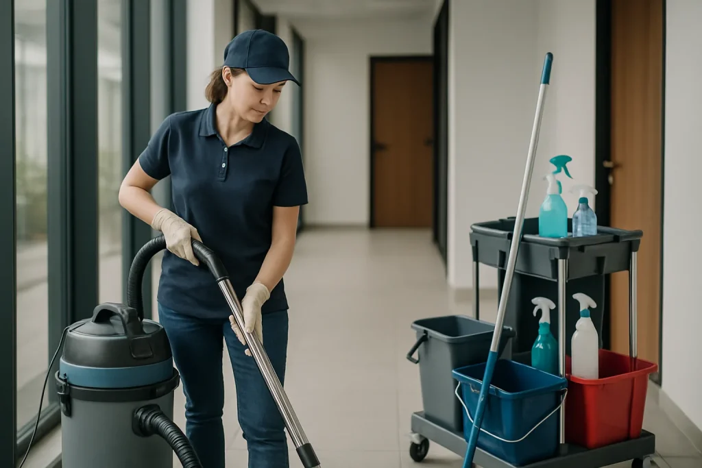 Technicien de nettoyage désinfectant un bureau à Longville-les-Saint-Avold.