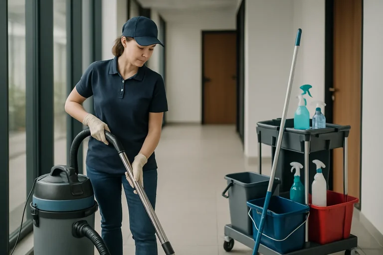 Technicien de nettoyage désinfectant un bureau à Longville-les-Saint-Avold.