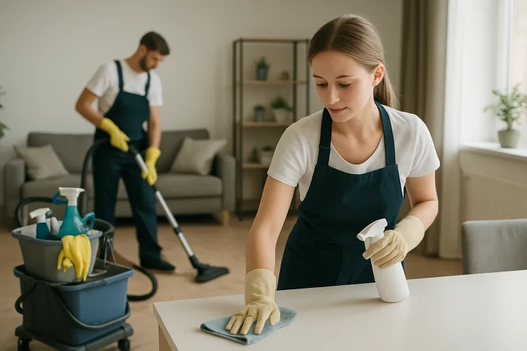 Professionnel du nettoyage effectuant des travaux dans un appartement à Longville-les-Metz.