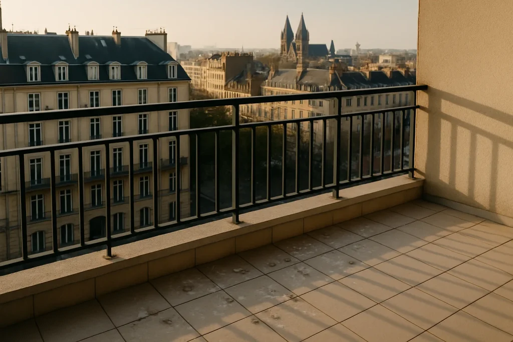 Balcon avec fientes de pigeon sur carrelage à Metz, lumière douce du matin.