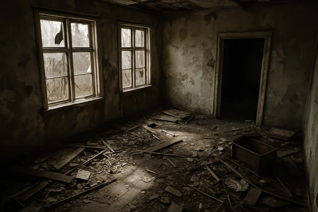 Intérieur d'une maison insalubre avec fenêtres cassées et débris au sol près de Sarrebourg.