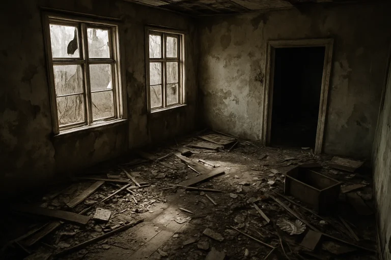 Intérieur d'une maison insalubre avec fenêtres cassées et débris au sol près de Sarrebourg.