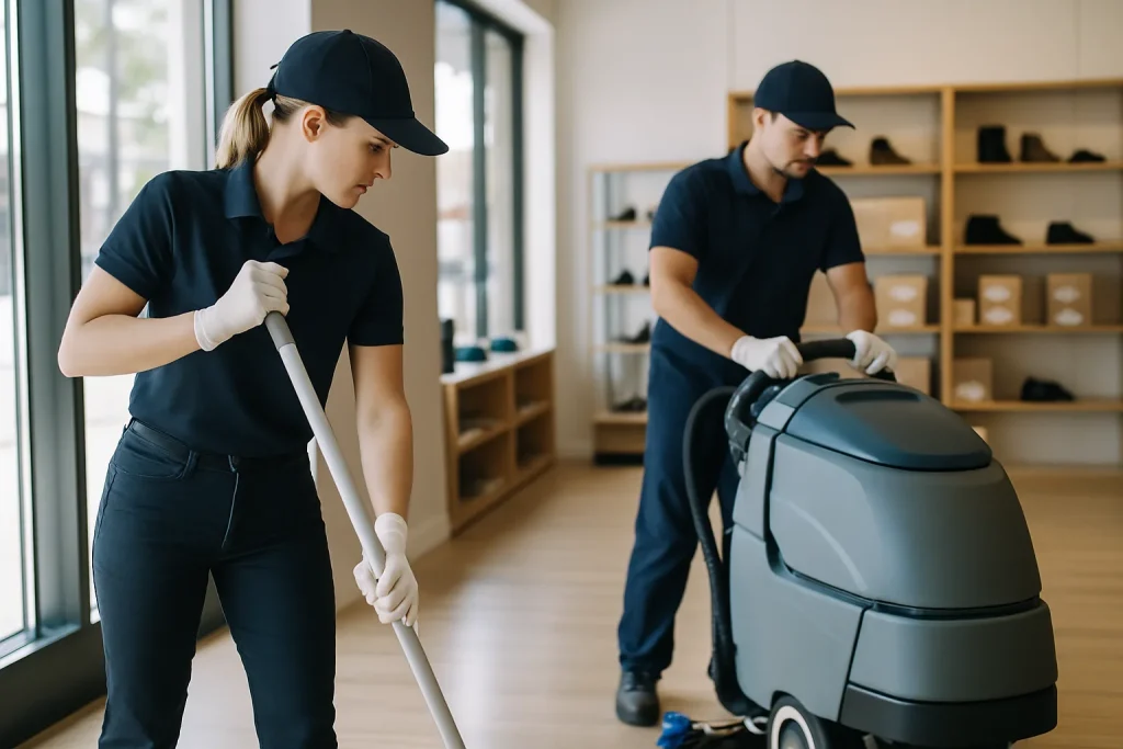 Deux professionnels nettoyant un commerce à Saint-Avold, utilisant des équipements modernes.