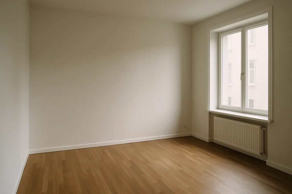 Intérieur d'un appartement vide avec parquet et lumière douce à Montigny-lès-Metz.