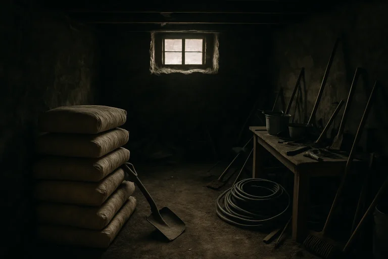 Cave sombre avec sacs de ciment et outils, éclairée par une petite fenêtre.