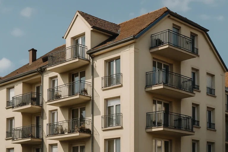 Vue d'un immeuble résidentiel à Sarreguemines par une journée ensoleillée, montrant plusieurs étages et balcons.