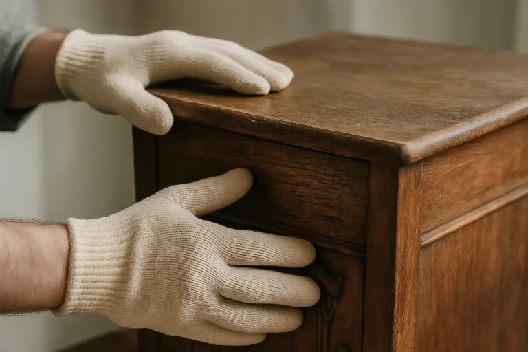 Mains gantées manipulant un meuble en bois contaminé, gros plan