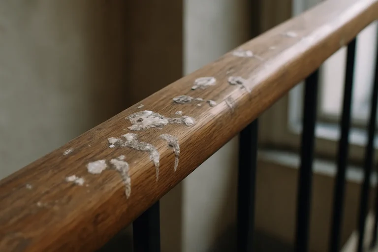 Rampe d'escalier à Woippy avec des fientes de pigeon visibles, lumière naturelle.