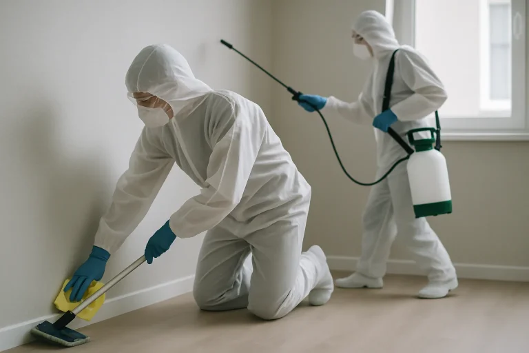 Deux personnes en tenues de protection nettoyant une scène traumatique dans une maison.