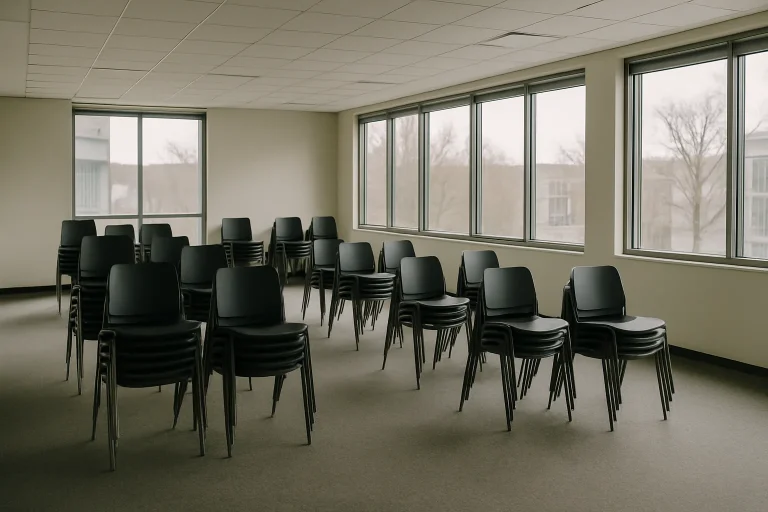 Salle de réunion vide avec des chaises empilées, lumière du jour, ambiance ordonnée.