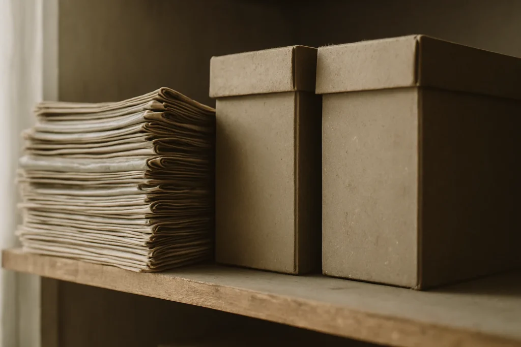 Gros plan sur des journaux jaunis et des boîtes poussiéreuses, lumière douce.