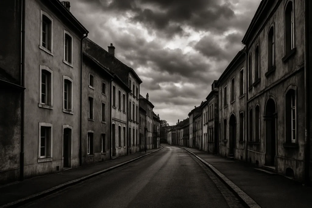 Rue calme à Thionville en noir et blanc, bâtiments anciens, ciel nuageux