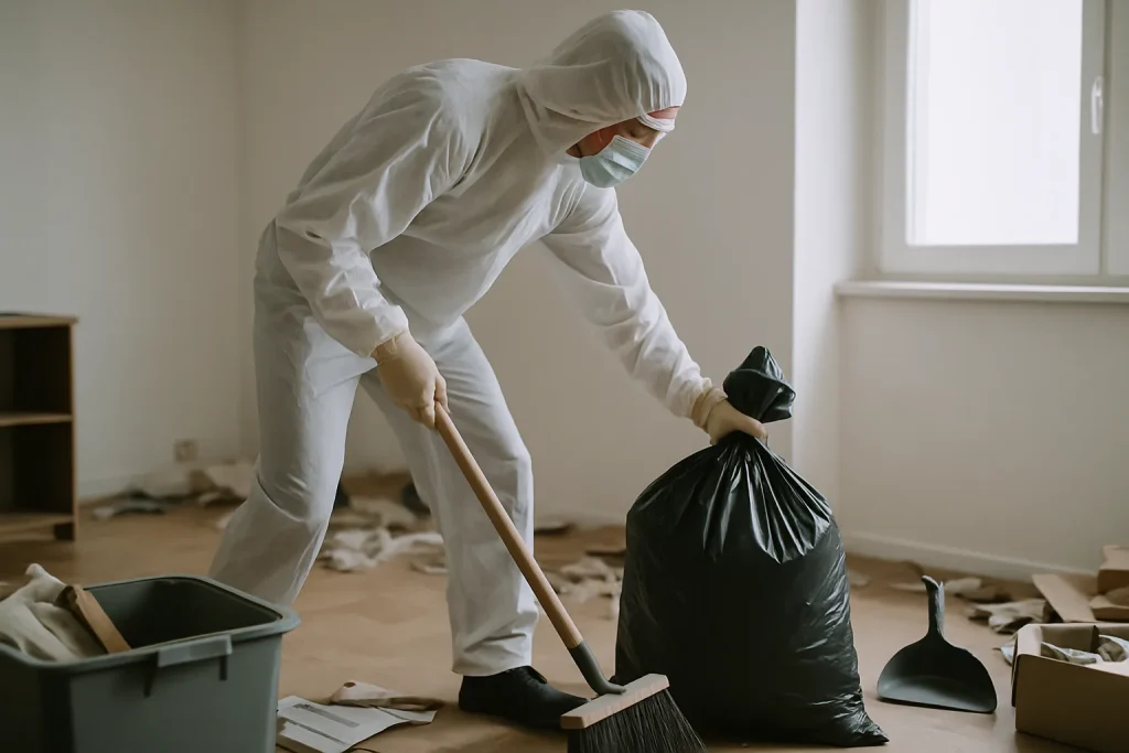 Personne en combinaison vidant un appartement à Hayange, effort et outils visibles.
