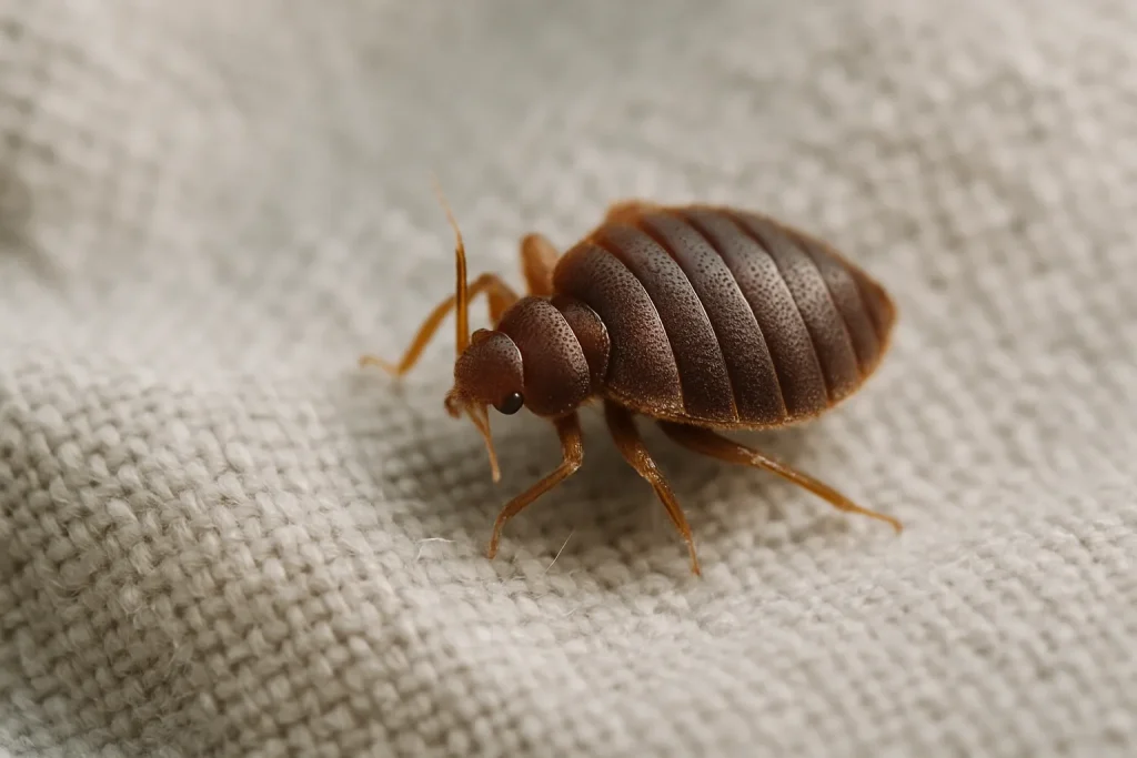 Gros plan montrant une punaise de lit sur une surface textile avec lumière naturelle.