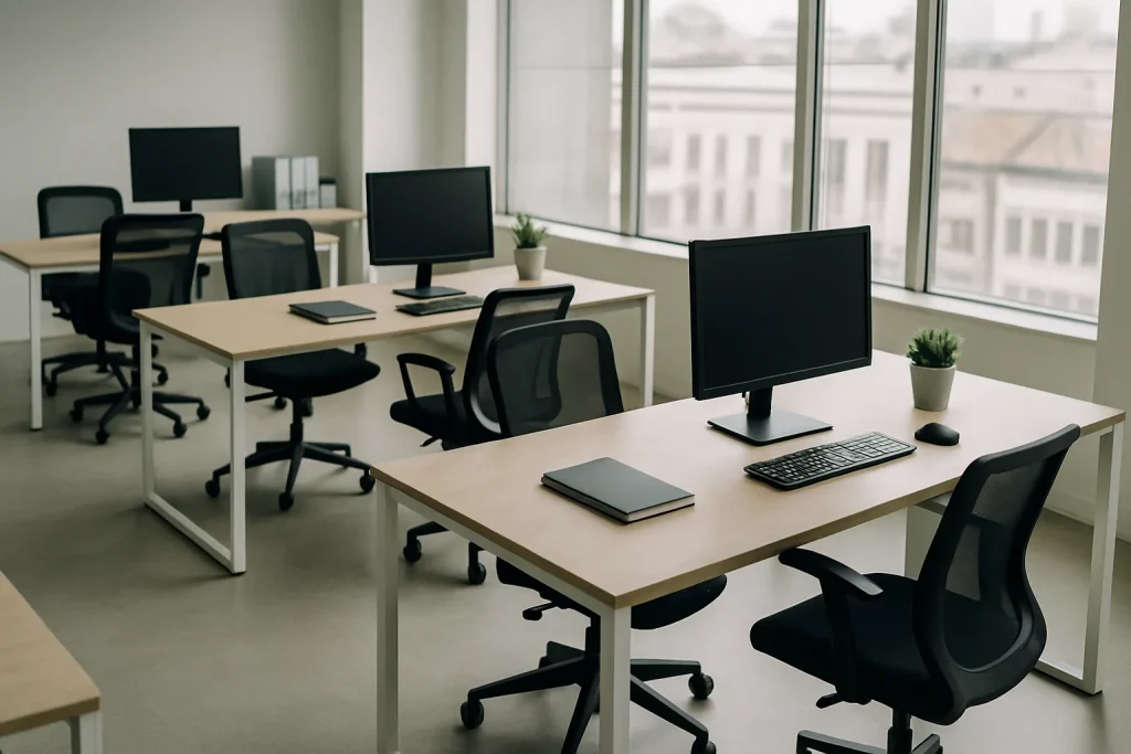 Vue d'un bureau moderne avec des postes de travail épurés et lumière naturelle