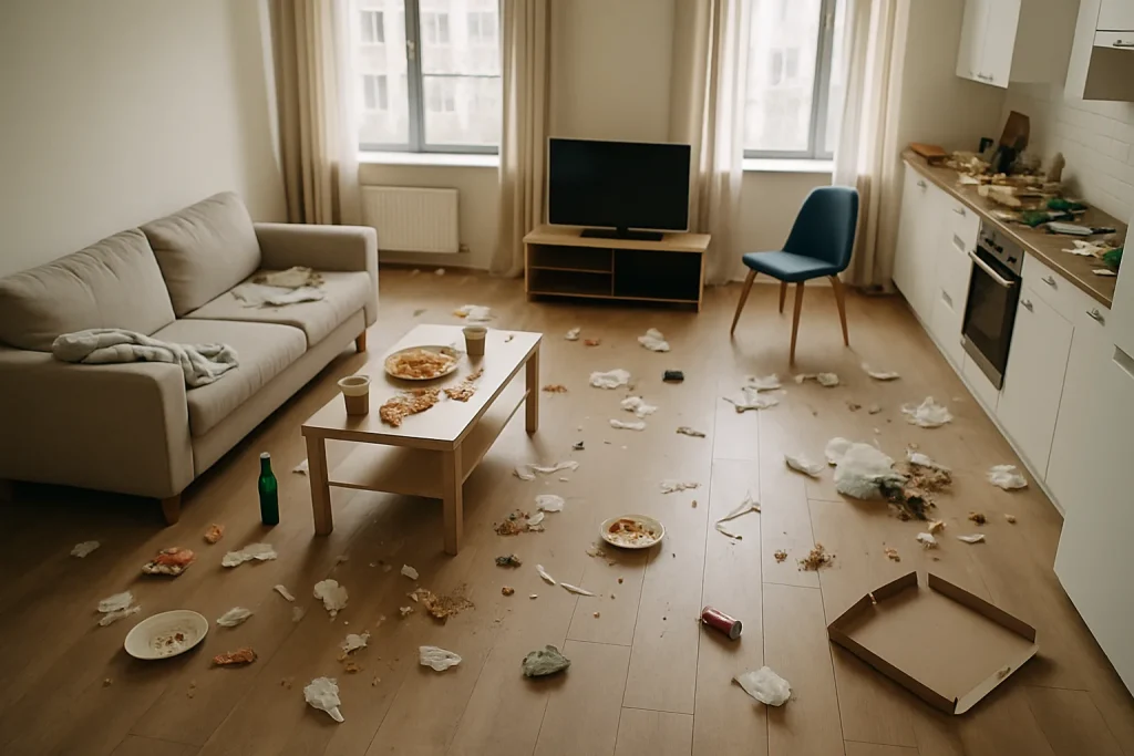 Vue d'un appartement en désordre à Creutzwald avec des déchets au sol