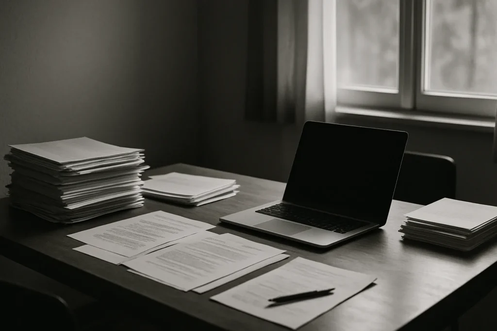 Bureau avec papiers et ordinateur portable en noir et blanc.