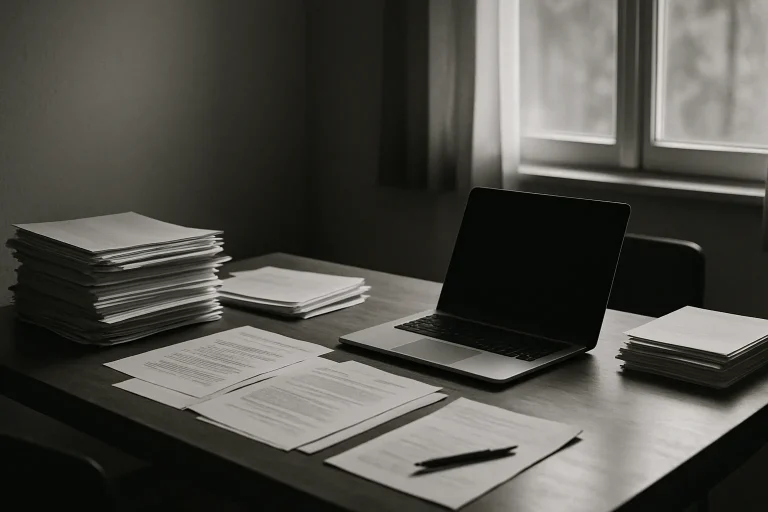 Bureau avec papiers et ordinateur portable en noir et blanc.