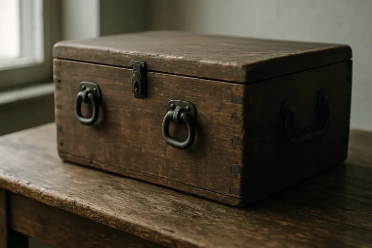 Vieux coffre en bois avec poignées en métal sur une table usée, éclairage doux.