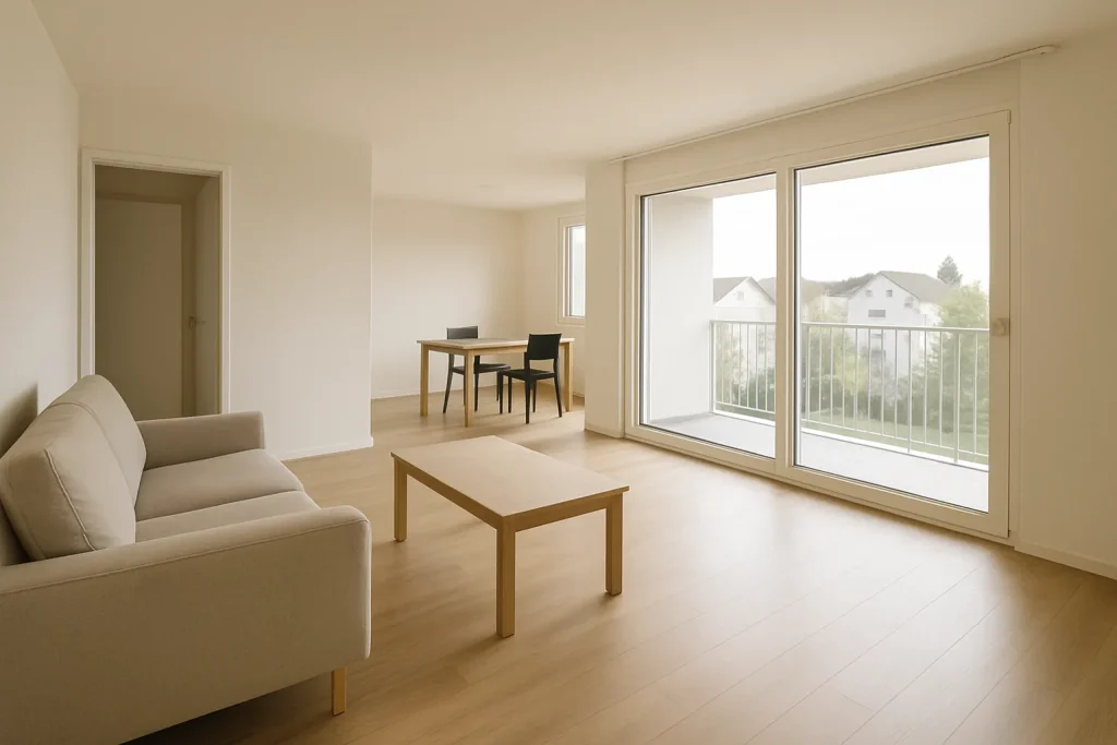 Appartement lumineux à Marly, récemment nettoyé, avec une grande baie vitrée.