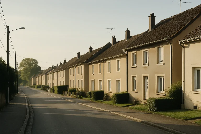 Rue résidentielle en Moselle avec maisons alignées et lumière du matin