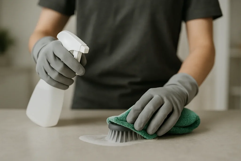Mains portant des gants manipulant des outils de nettoyage sur une scène floue.