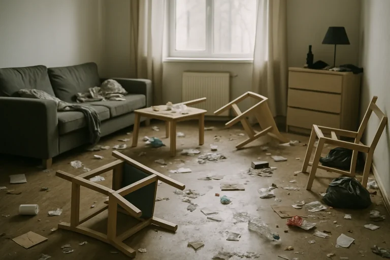 Intérieur d'un logement squatté à Thionville avec meubles renversés et déchets.