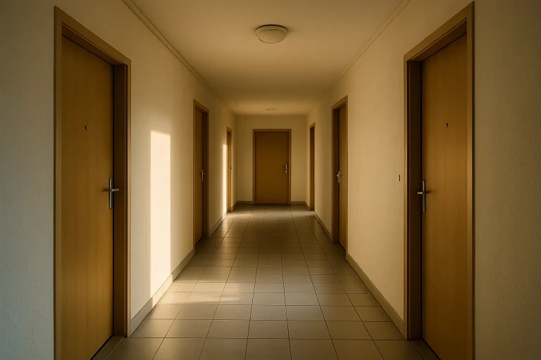 Un couloir d'immeuble à Yutz avec des portes fermées et un sol propre, éclairé par la lumière de fin d'après-midi.