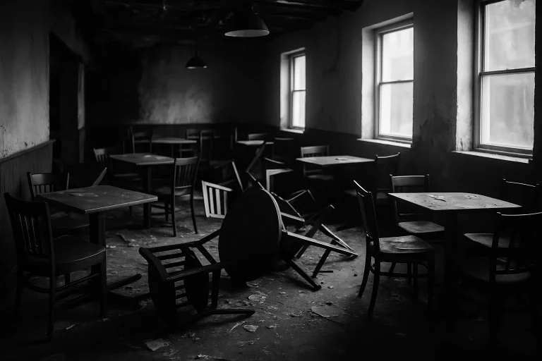 Restaurant à Sarreguemines endommagé après un sinistre, avec tables renversées.