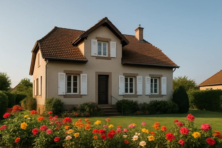 Vue extérieure d'une maison à Saint-Avold, jardin fleuri, lumière matinale