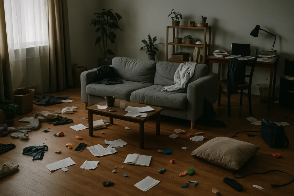 Intérieur désordonné d'un logement à Saint-Avold nécessitant une décontamination.