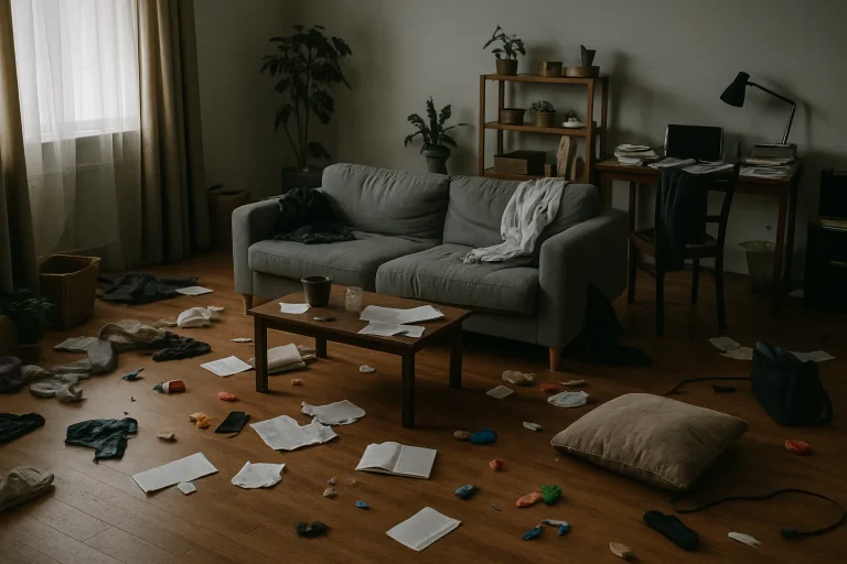 Intérieur désordonné d'un logement à Saint-Avold nécessitant une décontamination.