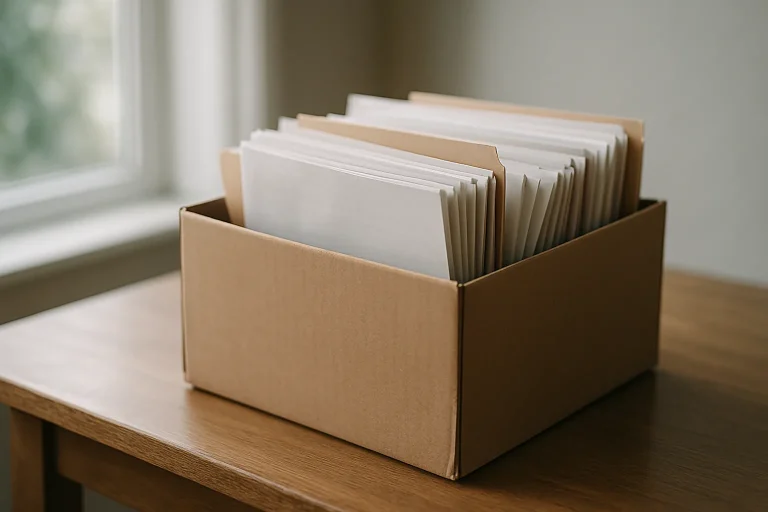 Boîte en carton remplie de documents sur une table en bois, lumière naturelle.